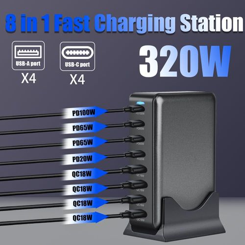 SITONG 320W GaN III 8 Ports USB C Fast Charging Station Hub Block Portable Wall PD Charger Power Adapter with 4 USB-C + 4 USB-A, 100W Port for MacBook Pro/Air, iPhone 15 14 13 12 11, Galaxy S24 S23