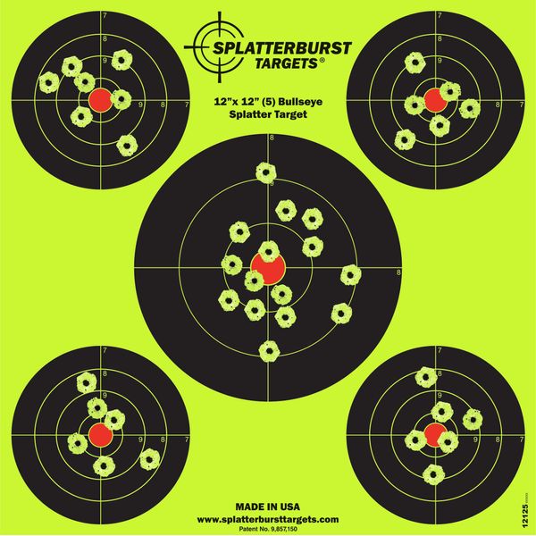 Splatterburst Targets - 12 x12 inch (5) Bullseye Reactive Shooting Target - Shots Burst Bright Fluorescent Yellow Upon Impact - Gun - Rifle - Pistol - Airsoft - BB Gun - Air Rifle (25 Pack)