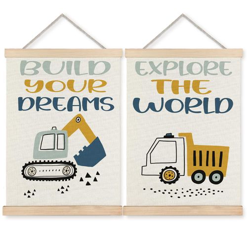 BearCake Construction Decor for Boys Room, Cartoon Excavator Truck Wall Art Poster Hanger Frame, Construction Canvas Prints Framed Wall Decor for Toddler Boy Room Playroom Nursery, 12x16 Inch Set of 2