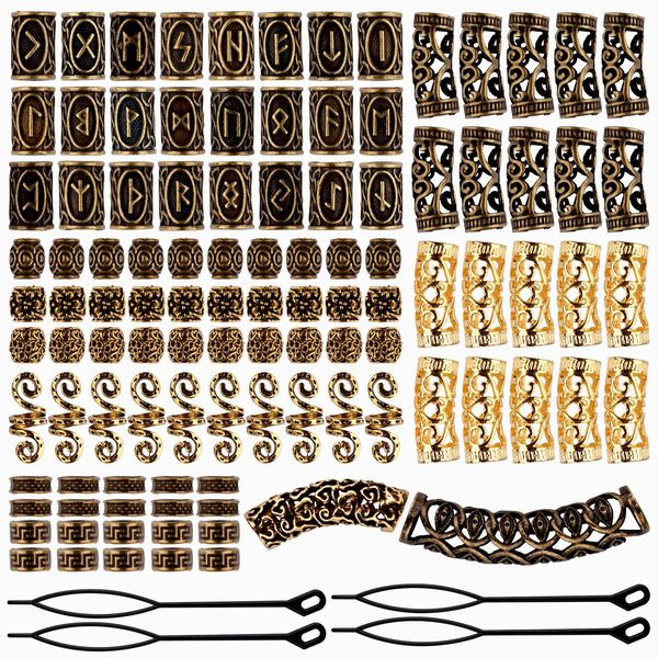 EBANKU 110 PCS Viking Beard Bead, Metal Dreadlocks Beads for Hair Braids Antique Norse Hair Beads with Pull Hair Pin for Hair Braid Bracelet Pendant Necklace DIY Jewelry Hair Decoration (Ancient gold)