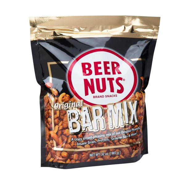 BEER NUTS Original Bar Mix - Crunchy Party Pretzels, Cheese Sticks, Sesame Sticks, Roasted Corn Nuts, & Original Roasted Salty & Sweet Glazed Peanuts - Snack Chips Alternative - 32oz Resealable Bag