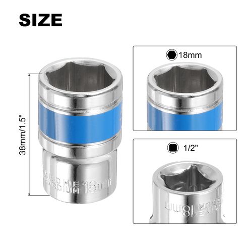 HARFINGTON 3pcs 1/2 Inch Drive 6-Point Socket 18mm CR-V Metric Shallow Socket Electric Wrench Socket for Mechanical Auto Repair, Silver Tone & Blue