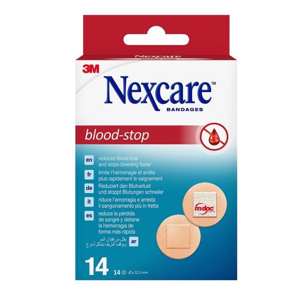 Nexcare Blood-Stop Spots, 22 mm, 14 Plasters per Pack, Efficient Blood Stop Plasters for Small Cuts and Wounds, Plasters for First Aid Kits