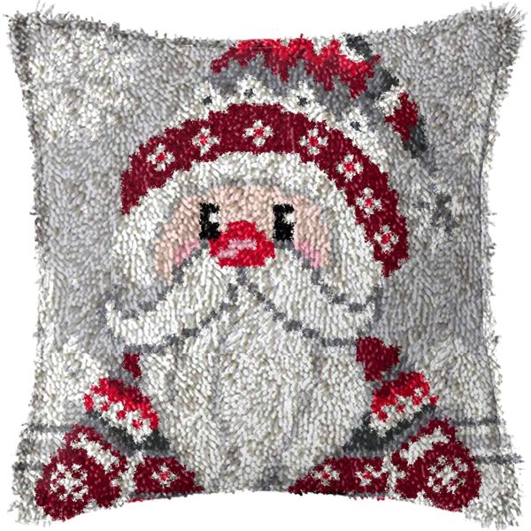 TEZKIM Latch Hook Kits for Adults Christmas DIY Throw Pillow Cover with Printed Canvas Pillowcase Needlework Cushion Cover Hand Craft Creative Gift Home Decoration 16.9Inch X16.9Inch (Red)