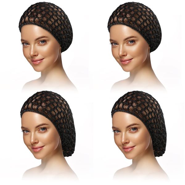 4 Pieces Mesh Crochet Hair Net Rayon Knit Snood Hat Thick Short Women Hairnet Snoods Cover Ornament for Sleeping (Black)