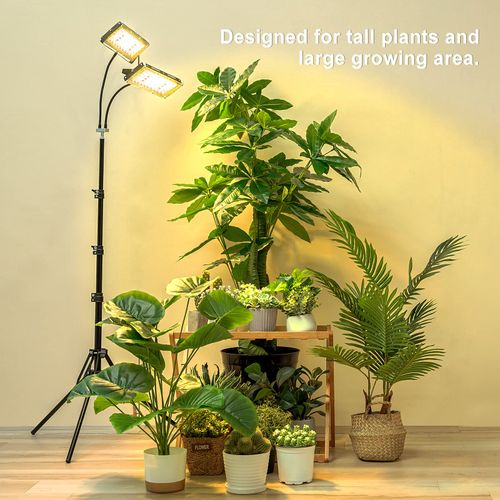 LBW Grow Light for Indoor Plants, Dual Heads Full Spectrum LED, Auto On/Off Timer, 6 Dimmable Levels, 3 Switch Modes, Adjustable Tripod Stand 15-63 inches