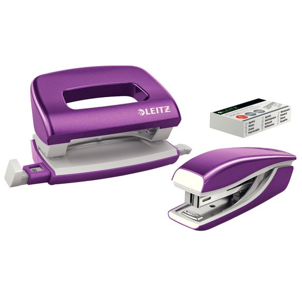 Leitz 55612062 Mini Stapler and Hole Punch Set, Staple or Punch Up to 10 Sheets, Includes P2 N°10 Staples, WOW Range, Purple