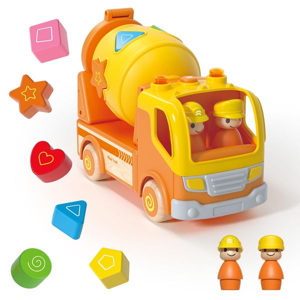 Construction Car Toys For Kids, Cement Mixer Truck with Sound and Light, Shape Sorter Learning & Education Preschool Vehicle for 18M+ 2 3 4 5 Years Old Boy Christmas Birthday Gift (Wooden+Plastics)