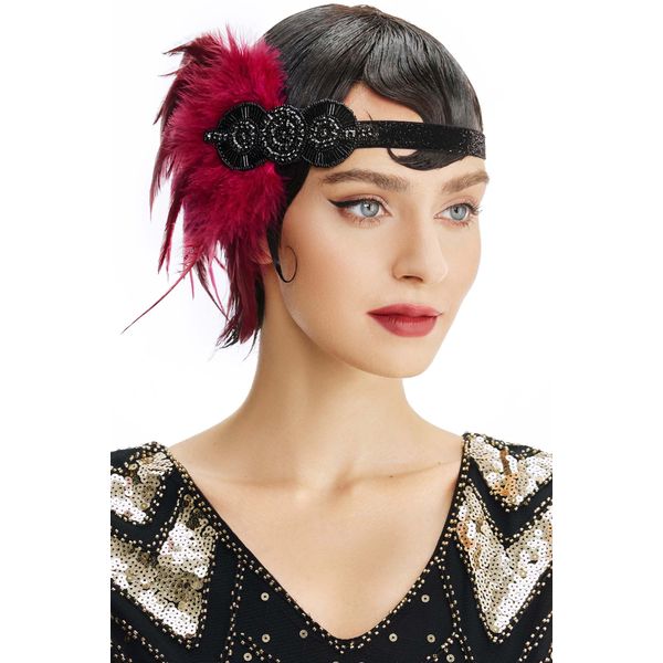 BABEYOND 1920s Flapper Headpiece Roaring 20s Great Gatsby Headband Vintage Feather Headband 1920s Flapper Gatsby Hair Accessories for Party (Burgundy)