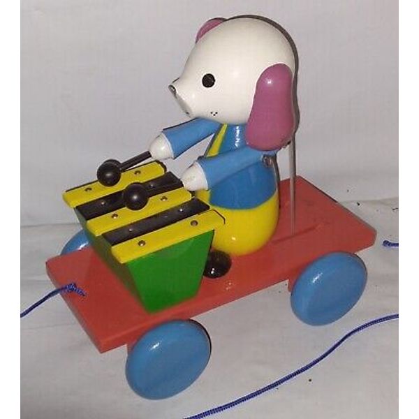 Vintage Wooden Pull-Along Toy Dog w/ Xylophone Hand Painted VTG Toddler Baby