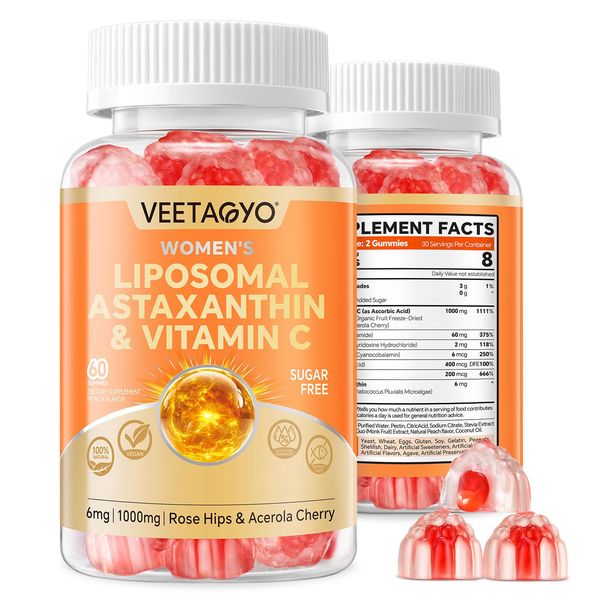VEETAGYO Astaxanthin Supplements 6mg + Liposomal Vitamin C 1000mg - Dual Layer - Niacin B6,B12,Folate,Biotin - Antioxidants - Gelatin Free,Sugar Free,60Cts