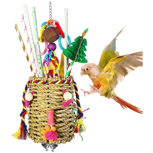 Hyamass Bird Foraging Toys, Edible Seagrass Basket Bird Toy with Colorful Paper Wooden Blocks and Bamboo Nuts Honeycomb Tree Chewing Toys, Suitable for Parakeets Conures Lovebirds Small Birds