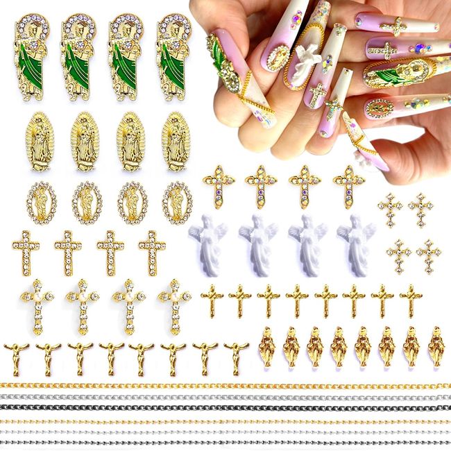 62pcs 3D Cross Nail Charms Rhinestones San Judas Virgin Mary Angel Gold Charms for Acrylic Nail Art Religious Gems Jewels Alloy Metal Nail Chains Tip Manicure Accessories Decoration Supplies Craft DIY