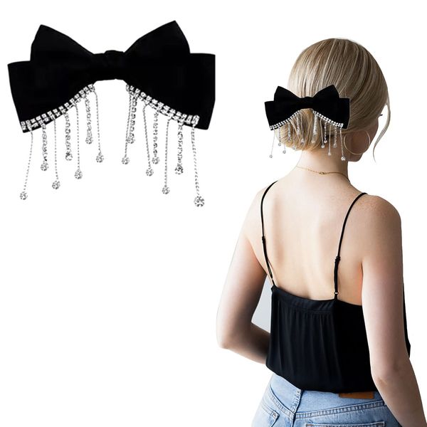 AUOCATTAIL Black Large Bow Hair Clip Rhinestone Bow Fabric Ribbon With Tassel Pendant for Women Girls Hair Accessories