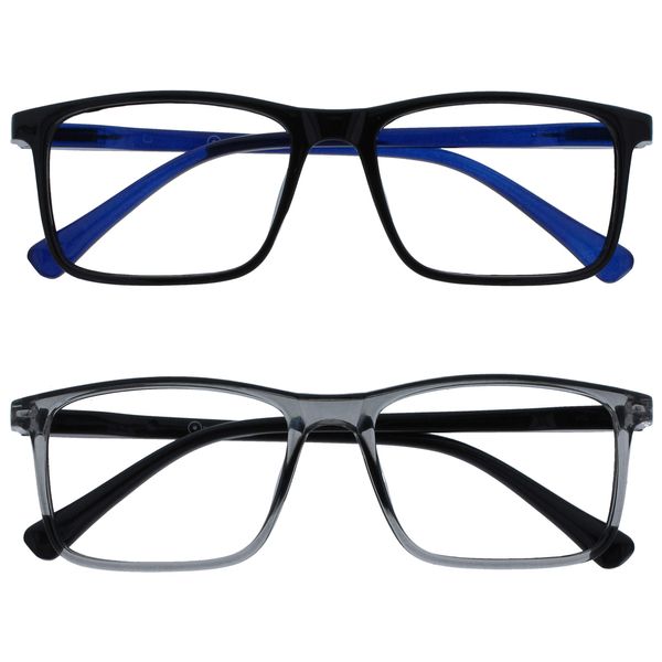 OPULIZE Ink Reading Glasses 2 Pack Large Rectangular Frame Black Transparent Grey Spring Hinges Scratch Resistant Mens Womens RR4-17 +2.00