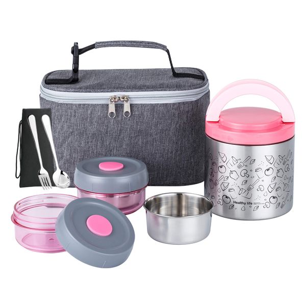 Lille Home Vacuum Insulated Lunch Box Set for Men & Women - Leak-Proof Bento Box, Meal Prep & Food Storage Containers, Lunch Bag, Portable Silverware Set(Pink)