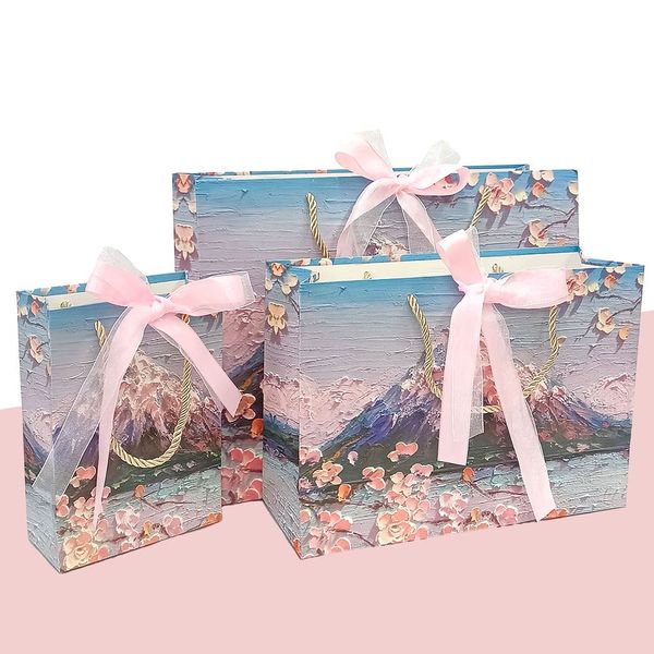 Wrapping Bag, Handbag, Paper Bag, Gift Bag, Stylish, Gift Bag, 3D Dimensional, Visual Oil Painting, Cute Style, Birthday, Packaging Bag (3 Pieces- L+M+S, Snowy Mountain Cherry Blossoms)