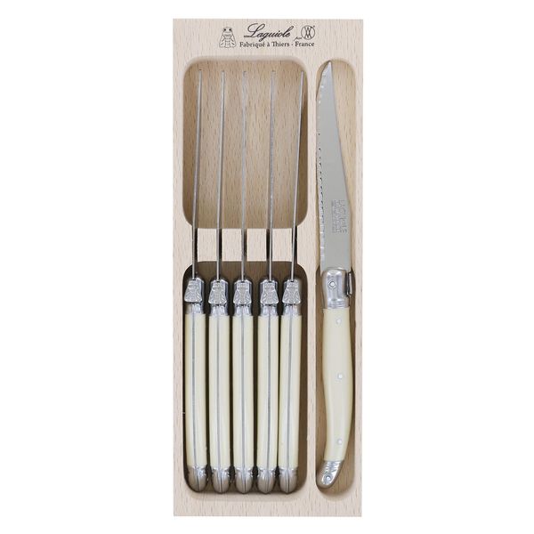 Laguiole 6 x Steak Knifes | Ivory Colour | Knifes Set In wooden Tray | Made In France