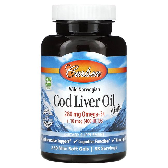 Carlson Labs Wild Norwegian Cod Liver Oil Minis 250 Mini Soft Gels Gluten-Free,