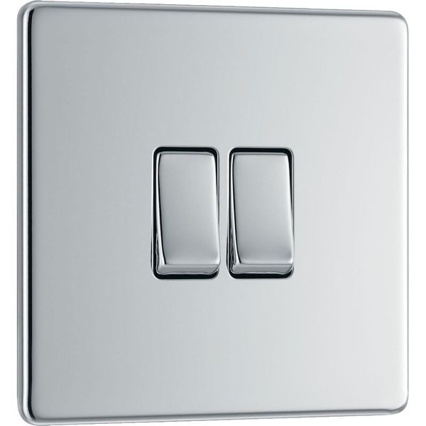 BG Electrical FPC42 Screwless Flat Plate Double Light Switch, Polished Chrome, 2-Way, 10AX