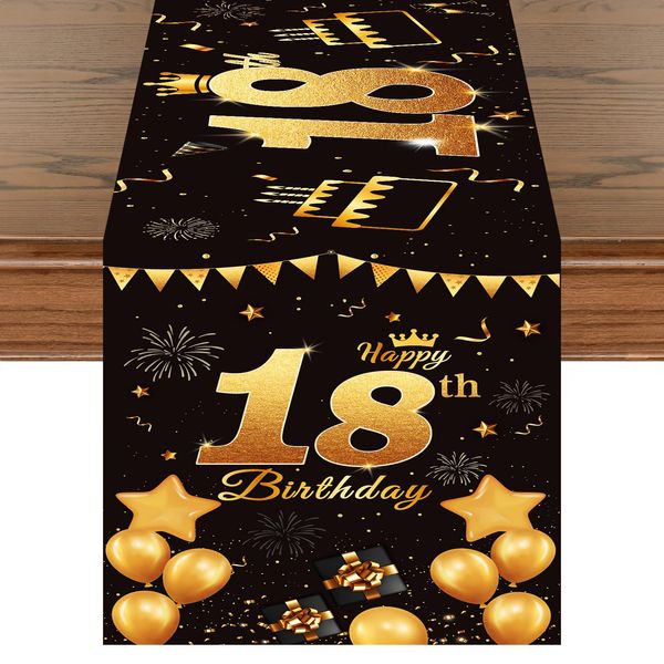 18th Birthday Table Runner Black Gold Happy 18th Birthday Table Runner for 18 Years Old Boys Men Women Celebration Birthday Anniversary Party Non-Slip Dining Table Linen Cloth Decorations, 180x35cm