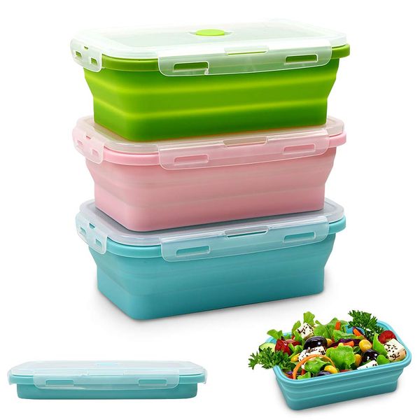 Alimat PluS Silicone Food Storage Containers with Lids - 3 Pack Set 1200ml Collapsible Meal Prep Lunch Containers Bento Boxes - Microwave, Freezer and Dishwasher Safe