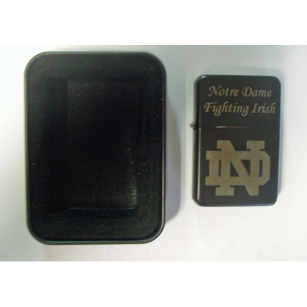 Notre Dame Logo Engraved Black Plated Brass Refillable Lighter in Black tin case