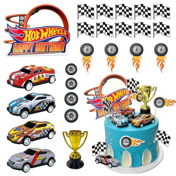 MEMOVAN Race Car Birthday Cake Decoration 24PCS Racing Car Cake Toppers Checkered Flag Car Cake Cupcake Decorations for for Man Boy Kid Racing Car Theme Birthday Supplies Party Favors