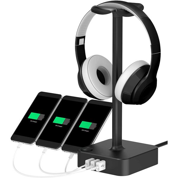 ALACOO RGB Headphone Stand with USB Charger Port Desktop Gaming Headset Holder with 3 USB Charger for Home and Office and Gaming, DJ, Wireless Earphone Display,Headphone Hook (black)