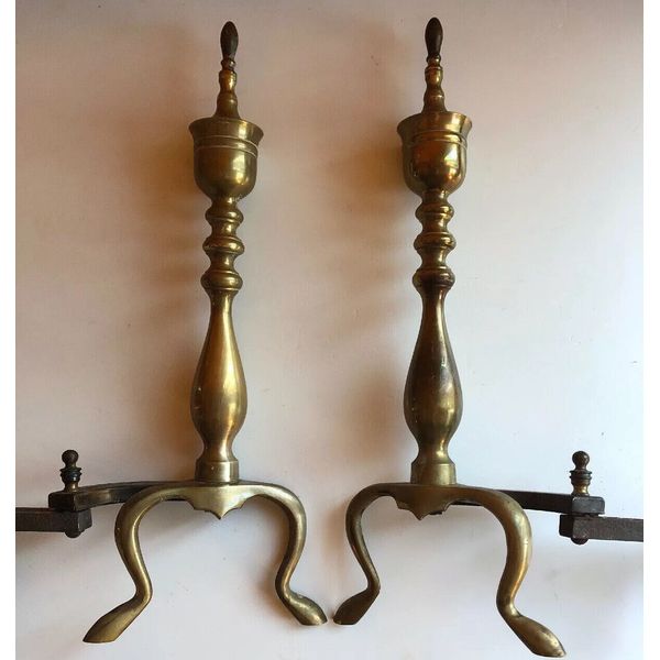 Vtg Pair Brass & Cast Iron Fireplace Andirons 19” Tall Firedogs Mid Century