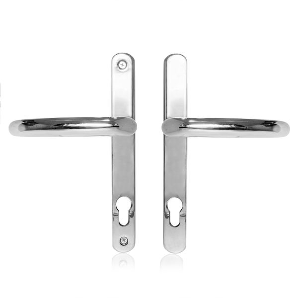 XFORT Uros Polished Chrome UPVC Door Handle, (PZ 92mm, 211mm Screw Hole Distance, 243mm Overall) DDA Compliant, Long Backplate, Stainless Steel Front Door Handle