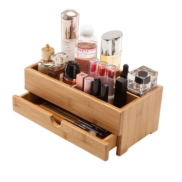 GOBAM Cosmetic Makeup Storage Organizer Bathroom Countertop Skincare Organizer Cosmetic Display Case for Dresser and Vanity, Bamboo