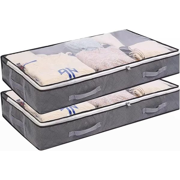 Auroh Underbed Storage Bags, (2-Pack) Breathable Clothes Storage Boxes with Zips and Reinforced Handles, Transparent Foldable Clothes Storage Bag for Bedding