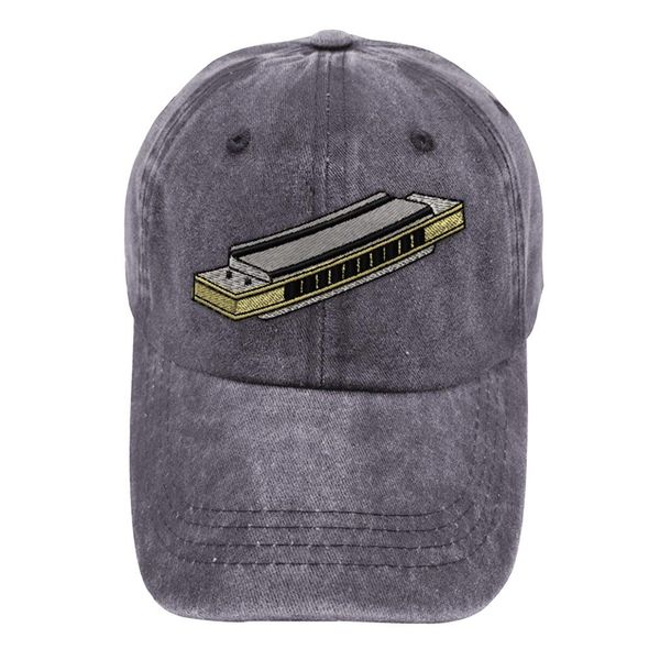 Vintage Washed Hat Harmonica Embroidery Cotton Dad Hats for Men & Women Buckle Closure Grey Design Only