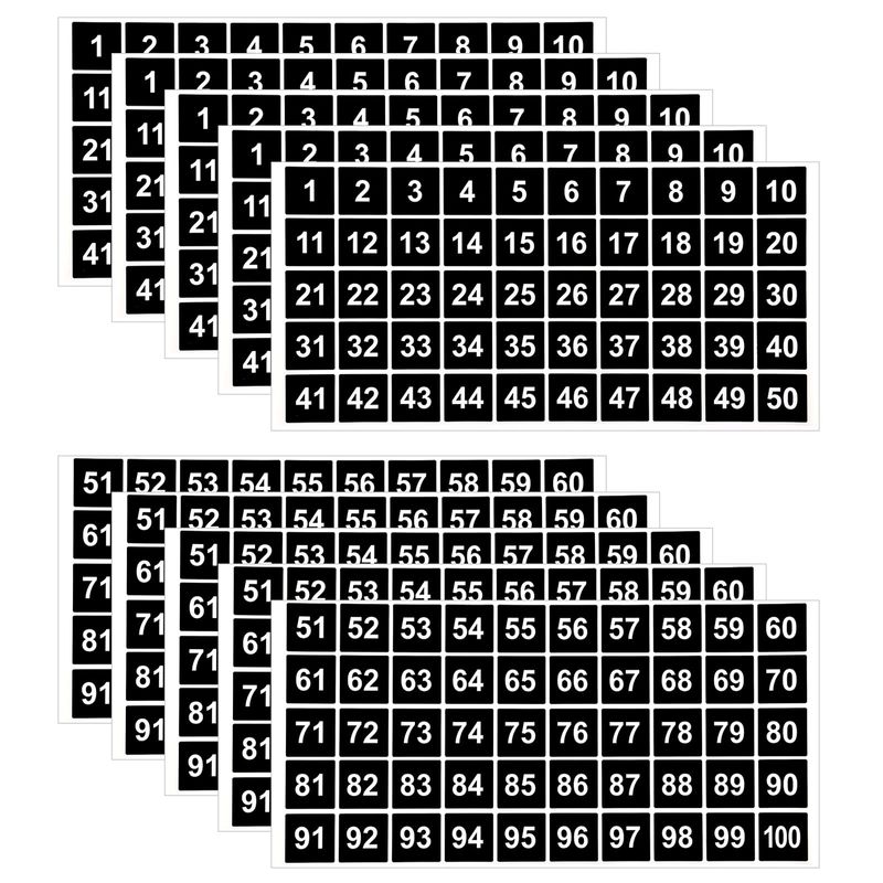 AIEX 10 Sheets Number Stickers 5 Sets of 1-100 Vinyl Square Number ...