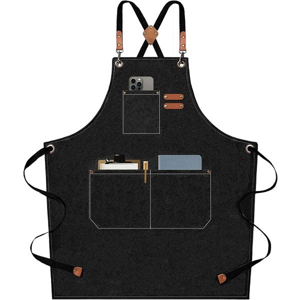 AFUN Chef Aprons for Men Women with Large Pockets, Cotton Canvas Cross Back Heavy Duty Adjustable Work Apron, Size M to XXL (Black)