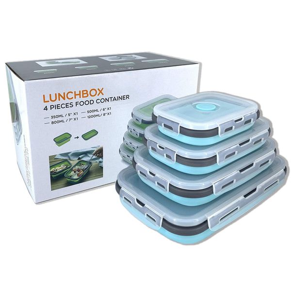 Collapsible Silicone Food Storage Container with Lid, Portable Lunch Bento Box Outdoor Picnic Box Space Saving, Microwave, Dishwasher and Freezer Safe, Set of 4(Blue & Grey) …