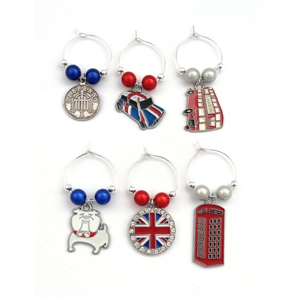 Libby's Market Place Colourful Great Britain British Wine Glass Charms with Organza Gift Bag