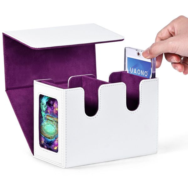 UAONO Deck Box with Dual Commander Displays, Card Storage Box Holds 280+ Single- Sleeved Cards, Trading Card Box Suitable for CCG, MTG, EDH（White&Purple）