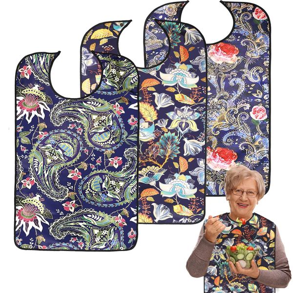 WenYa 3 Pack Adult Bibs for Eating, Washable and Reusable Adult Bib with Crumb Catcher Waterproof Clothing Protectors for Adult Elderly and Disabled, 33in X 17.7in (Dark Flower)