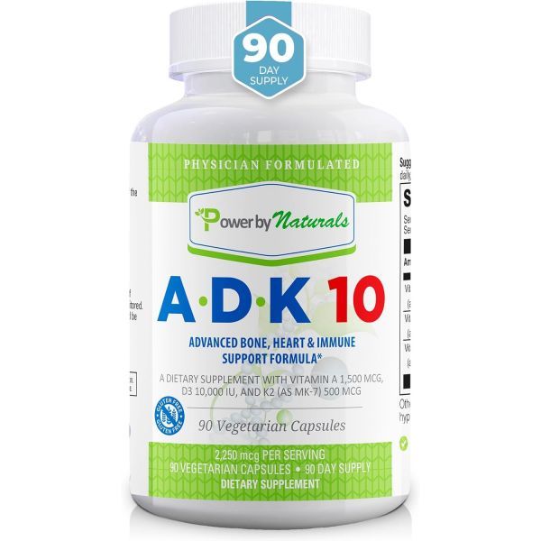 Power By Naturals Power By Naturals ADK Vitamin Supplement: A D3 &amp; K2 Supplement 10000iu High Potency Cardiac Immunity &amp; Strength 10 90 Tablets (1 Pack)