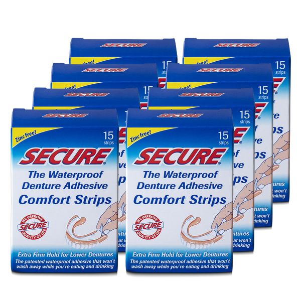 Secure Denture Adhesive Strips – Zinc Free – Waterproof – Comfortable Cushion Fit for Uppers & Lowers – Extra Firm All-Day-Hold – No Mess – Clean Ingredients – 15 Strips (8 Pack) 120 Strips Total