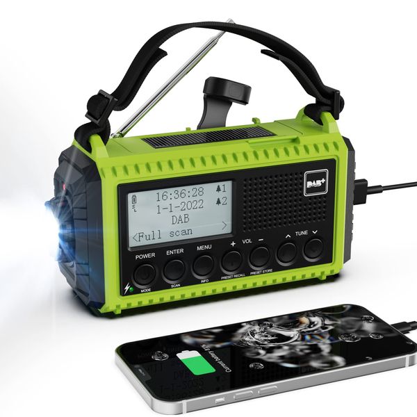 ROCAM Wind Up Solar Radio, DAB/FM Radio with 5000mAh Rechargeable Power Bank, Solar Panel/USB/Hand Crank Charger, Battery Radio Portable, SOS Alarm & Flashlight for Camping Hiking Emergencies (Green)