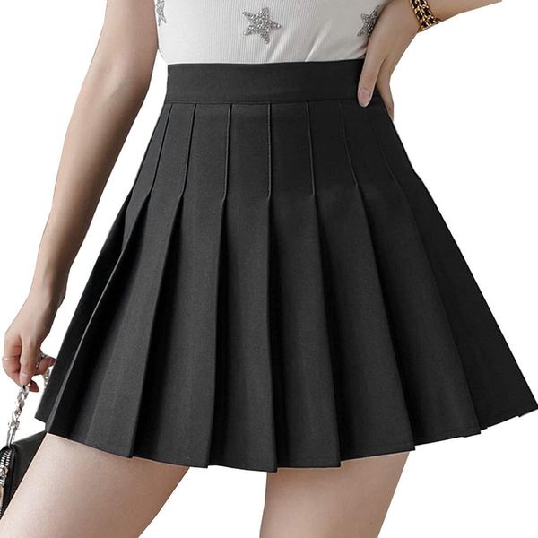 Wantonfy Women Girls High Ｗaist Pleated Short Skirt Skater Tennis School Uniform A-Line Mini Skirt with Safety Shorts Black