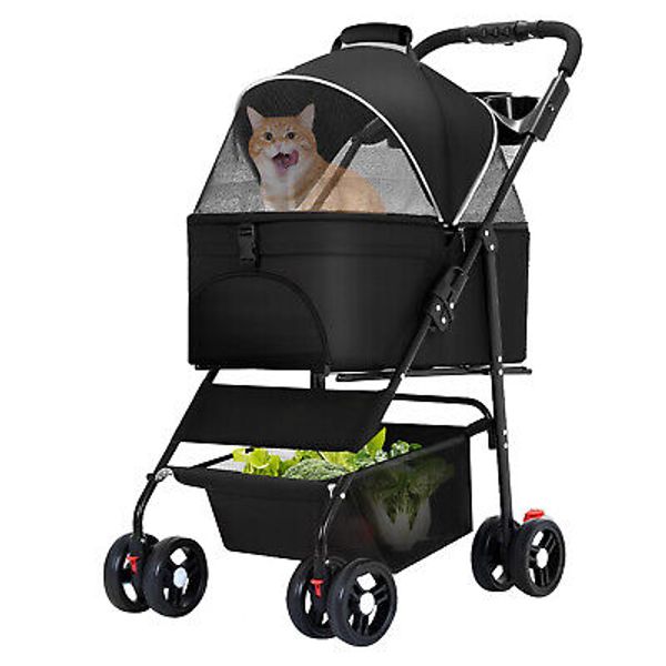 Foldable Pet Dog Stroller Travel Carriage 4 Wheels w/ Cup Holder & Food Tray