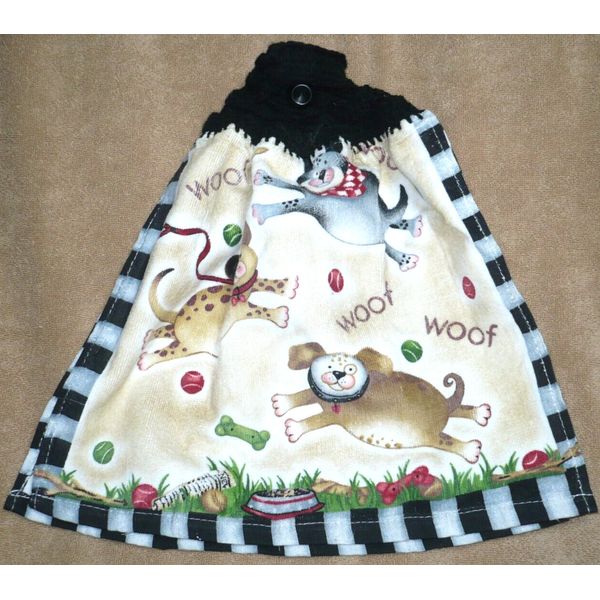 1 Full Crochet Top Hanging Kitchen Towel Dog Woof black yarn