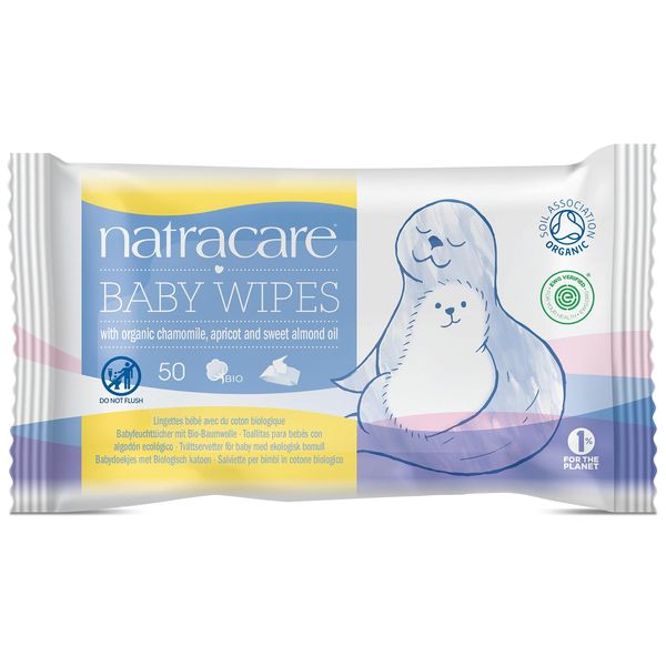 Natracare Organic Cotton Baby Wipes With Essential Oils of Chamomile, Apricot and Sweet Almond Oil (1 Pack, 50 Wipes Total)