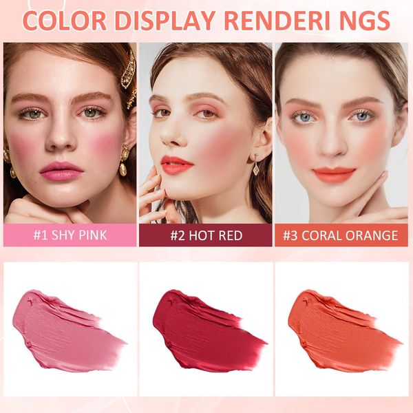 LOPHE 3Pcs Lipstick Blusher Stick, Long Lasting 3 in 1 Blush Stick for Cheeks Lips Eyes, Waterproof Lightweight Cream Blush, Moisturize and Blendable Blushers for Women Girls Cheeks Makeup