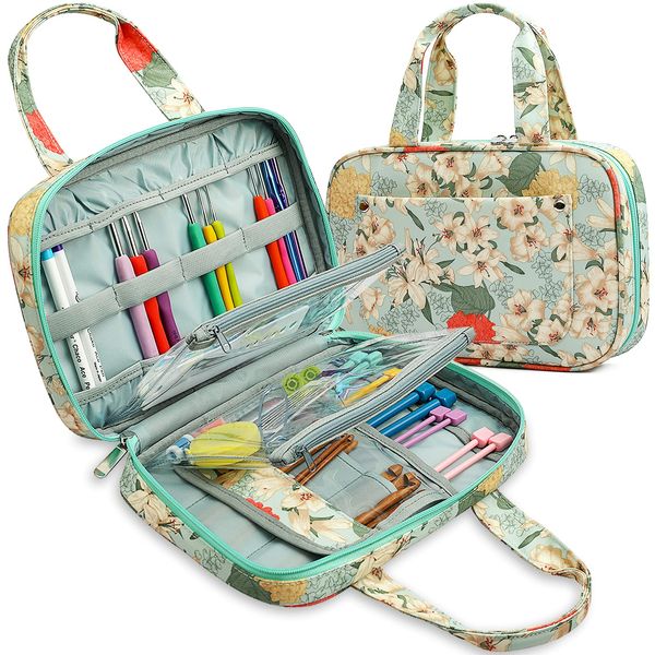 Coopay Knitting and Crochet Organiser, Crochet Tool Organiser Case Snazzy Needle Handbag With Vinyl Zipper Pockets, Interchangeable Circular Needles Case, Crochet Hooks Holder, DPNs Storage Bag