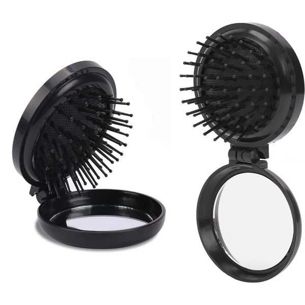 2 Pack Travel Hair Brush, Compact Foldable Combs with Mirror & Round,Tip Nylon Bristles for Men & Women, Portable for Car, Fitness Bag, Wallet, or Locker (style-2)